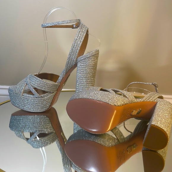 Aquazzura Sundance Silver Glitter Platform Heeled Sandals Sz 39 - Picture 8 of 17